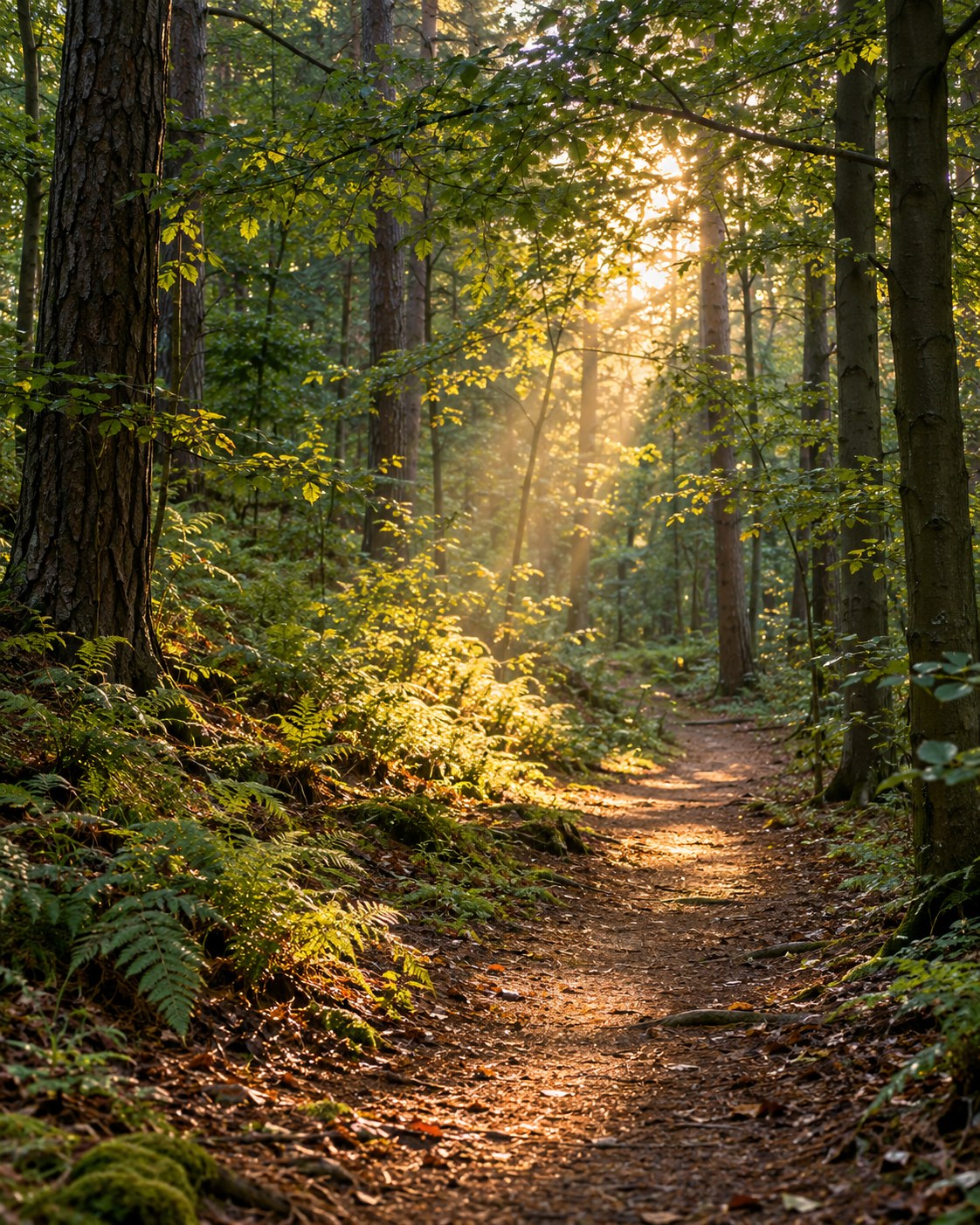 Warm zonlicht valt door de bomen op een rustig bospad